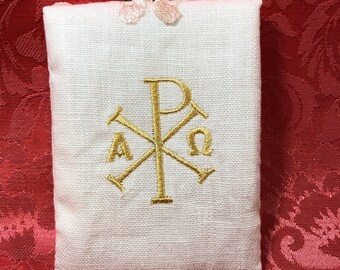 White linen Rosary pouch, dupioni silk lining, 3"X3.5"