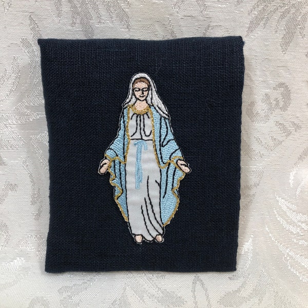 Rosary pouch, navy linen shell, linen lining, 3.5"X4"