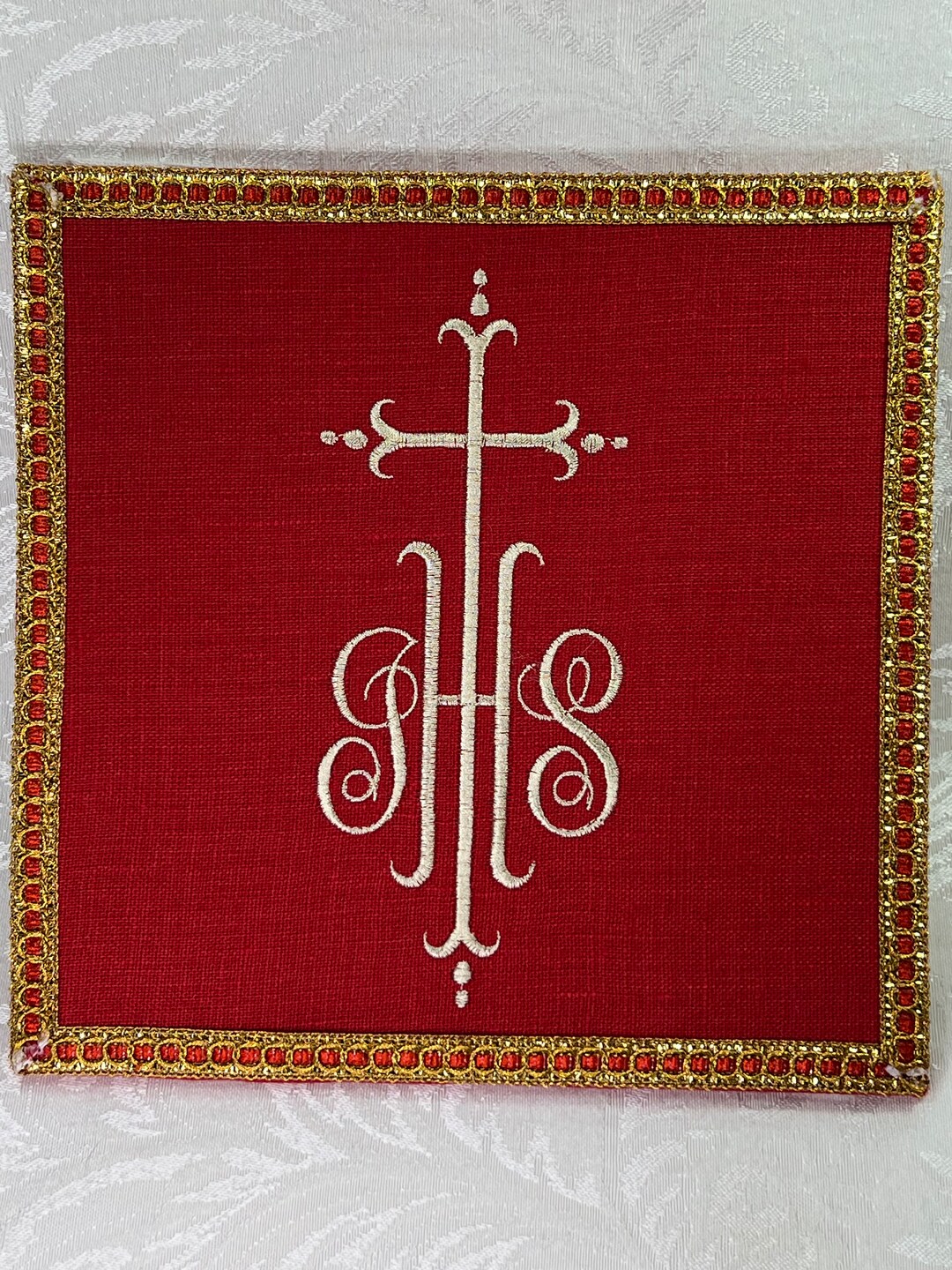 Chalice Pall, Red Linen, Gold Embroidery & Trim, IHS Pattern - Etsy