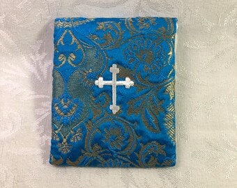 Rosary Pouch. Blue patterned Indian silk, satin lining,  3.5 X3.5"