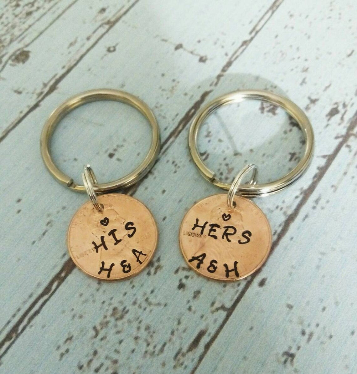 Two Key chainsHis and Her Key ChainsGiftHand Stamped Penny Etsy