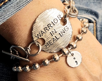 Personalized Semicolon Bracelet Set, Warrior Jewelry, Chunky Wristwear, , Hand Stamped Jewelry, Survivor Jewelry, Large Ball Chain