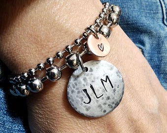 Monogrammed Bracelet Set, Personalized Jewelry, Gift For Her, Stackable Jewelry, Layered Charm Wristwear, Hand Stamped Gift, Mother Gift