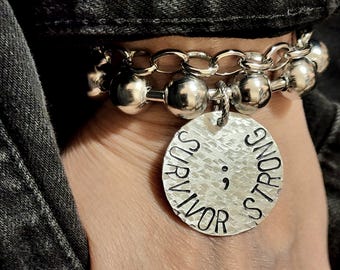 Personalized Semicolon Bracelet Set, SURVIVOR STRONG Jewelry, Chunky Wristwear, Link Chain, Set of Two, Survivor Jewelry, Large Ball Chain