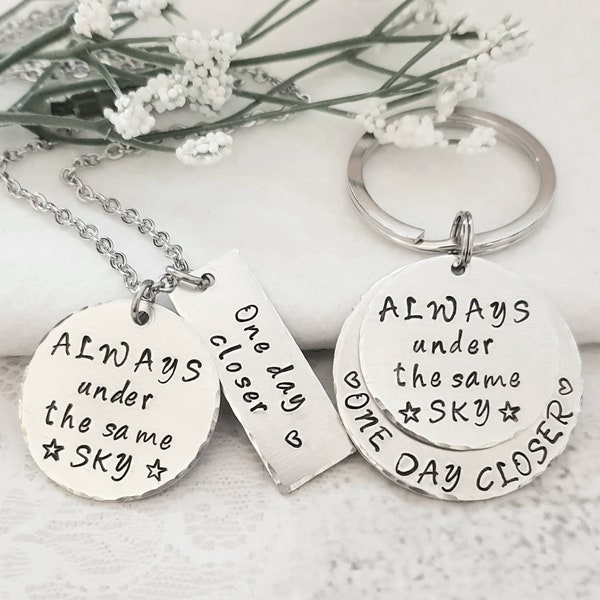 Hand Stamped Military Necklace and Key Chain, Always Under The Same Sky Keychain,Deployment Gift,Military Couples Gift,Army Wife Necklace