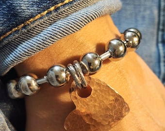 Large Ball Chain Bracelet, Heart Charm Bracelet, Gift for Her, Chunky Wristwear, Heart Pendent, Hand Stamped Jewelry, I love you, Wife Gift