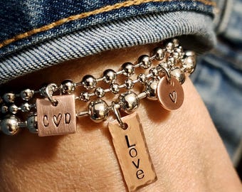 Personalized Initial Bracelet Set, Couples Jewelry, Gift For Her, Ball Chain Jewelry, Layered Stacked Bracelets, Hand Stamped Charm Bracelet