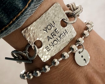 Personalized Semicolon Bracelet Set, You Are Enough Jewelry, Chunky Wristwear, , Hand Stamped Jewelry, Survivor Jewelry, Large Ball Chain