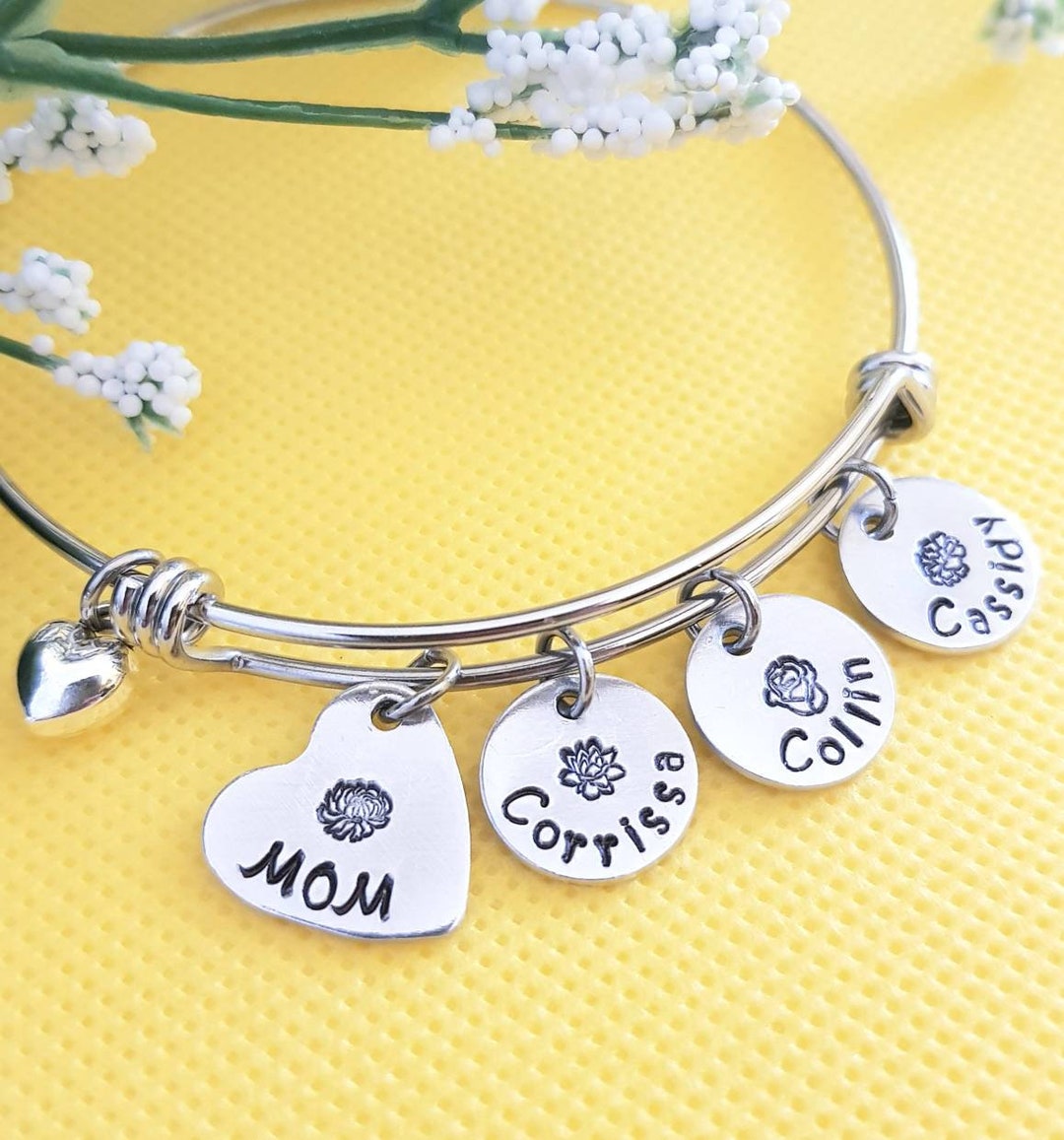 Personalized Birth Flower Bracelet, Mom Birth Flower Bracelet, Birth