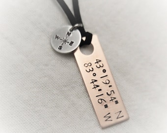 Men's Coordinates Necklace, Men's Compass Necklace, Longitude, Latitude, Gift for Him, Coordinates Jewelry, Men's Jewelry, Boyfriend Gift