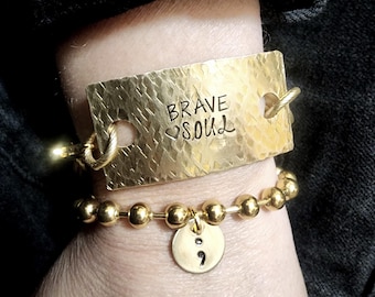 Personalized Semicolon Bracelet Set, BRAVE SOUL Jewelry, Chunky Wristwear, , Hand Stamped Jewelry, Survivor Jewelry, Ball Chain Bracelet