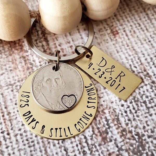 5 Year Personalized Anniversary Keychain, Anniversary Gift for Husband, Anniversary Gift for Wife, Couples Gift, Nickel Keychain, Wife Gift