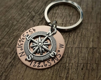 Personalized Coordinates Key Chain, Latitude, Longitude, GPS Key Chain, Coordinates Keychain, Compass Key Chain, Gift For Husband, Wife Gift