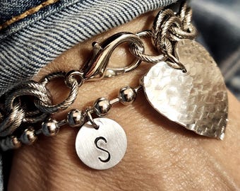 Personalized Bracelet Set, Ball Chain Bracelet, Chunky Wristwear, Heart Pendent, Hand Stamped Jewelry, Gift for Her, Initial Charm Bracelet