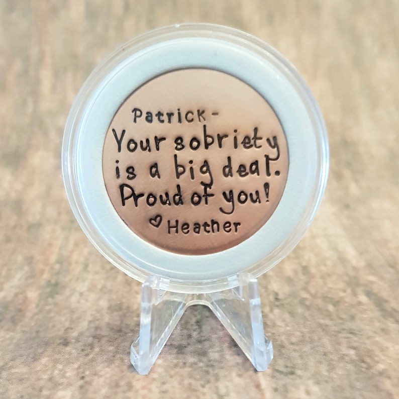 Personalized Sobriety Coin and Case, Sobriety Gift, AA Recovery Gift, Gift for Recovering Addict, Sober Anniversary Gift, 1 Year Sober Gift image 1