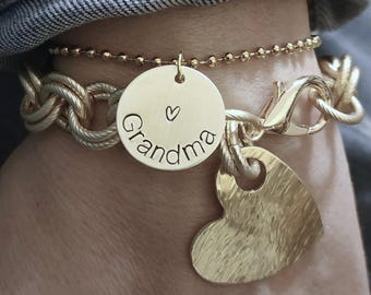 Grandma Bracelet, Gift for Grandma, Personalized Bracelet Set, Ball Chain Bracelet, Chunky Wristwear, Heart Pendent, Hand Stamped Jewelry