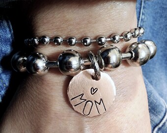 Personalized “MOM” Bracelet – Handmade Large Ball Chain Bracelets with Heart Charm, Mother’s Day Gift, Gift for Mom, Minimalist Jewelry