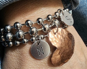 Personalized Bracelet Set, Layered Ball Chain Bracelet, Gift for Her, Handmade Gift, Heart Bracelet, Hand Stamped Jewelry, Boho Wristwear
