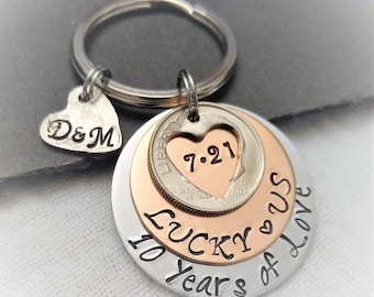 Personalized Anniversary Key Chain,10 Year Anniversary Key Chain,Decade Key Chain,Husband Gift,Anniversary Gift,Gift for Wife,Dime Key Chain