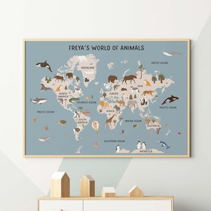 Personalised Animal World Map Print - Kids Bedroom Decor - Animals of the World - Playroom Nursery Print, Gift for Child, Animal Lovers Gift