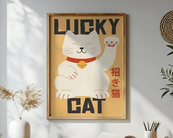Lucky Cat Print | Japanese Maneki Neko Poster | Good Luck Cat Illustration Wall Art