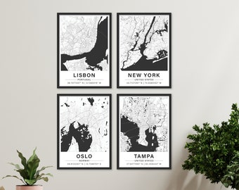 Conjunto de 4 impresiones de mapas personalizados - Cualquier ubicación - Impresión de la ciudad - Póster de arte de pared - Arte de la pared de la galería - Mapa de la ciudad personalizado - Impresión de mapa personalizada