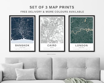 Set of 3 Custom Map Prints - Any Location - City Print - Wall Art Poster - Housewarming Gift - Anniversary Present - Personalised City Map