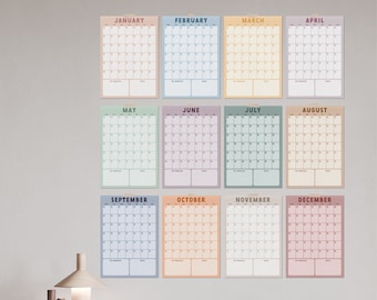 Planificador de pared mensual - Hojas de 12 meses - Decoración de la oficina en el hogar - Calendario de pared sin fecha - A3 o A4 - Diseño Boho terroso - Planificador anual, Organizador