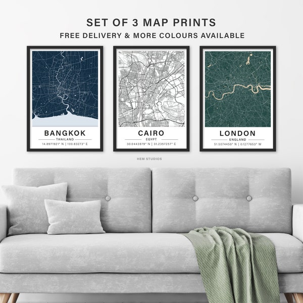 Set of 3 Custom Map Prints - Any Location - City Print - Wall Art Poster - Housewarming Gift - Anniversary Present - Personalised City Map