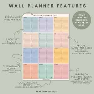 May include: A wall planner with the text "WALL PLANNER FEATURES" at the top. The planner features 12 monthly blocks with numbered dates and a color block design. The text "THE MORGAN'S ORGANISED CHAOS" is at the top of the planner.
