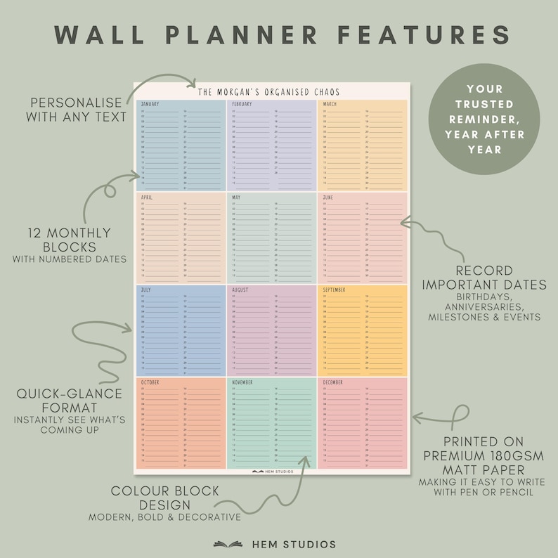 May include: A wall planner with the text "WALL PLANNER FEATURES" at the top. The planner features 12 monthly blocks with numbered dates and a color block design. The text "THE MORGAN'S ORGANISED CHAOS" is at the top of the planner.