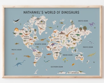 Personalised Dinosaur World Map Print - Kids Bedroom Decor - Dinosaurs of the World - Nursery Print - Jurassic - Children's Dinosaur Map