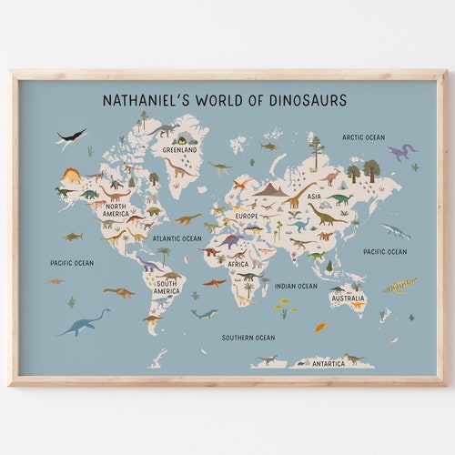 Personalised Dinosaur World Map Print Physical or Digital Etsy