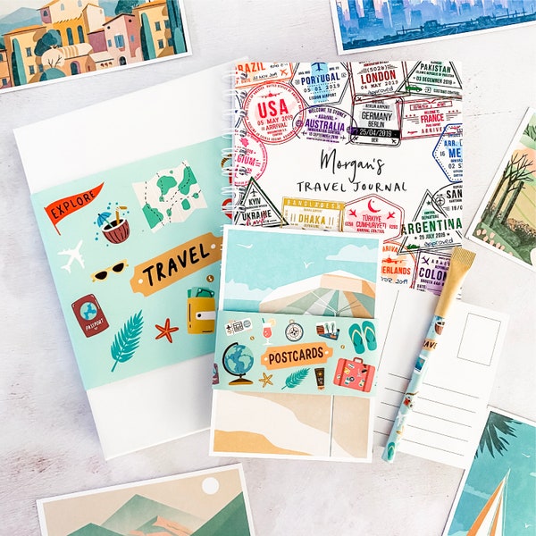 Coffret cadeau de voyage personnalisé - Journal de voyage, cartes postales et stylo assorti - Cadeau d'aventure personnalisé - Cadeau de Noël pour les amateurs de voyage