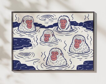 Japanese Snow Monkey Print | Zen Hot Spring Macaque Wall Art | Retro Illustration