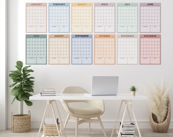 Planificador de pared mensual - A3 o A4 - Hojas de 12 meses - Decoración de oficina grande - Calendario de pared sin fecha - Diseño Boho terroso, Planificador anual, Organizador