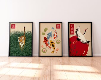 Japanese Set of 3 Animal Prints | Tiger, Koi Fish & Crane | Zen Gallery Wall Art