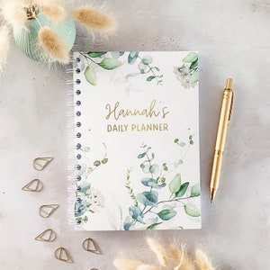 Personalised Daily Planner Book - Eucalyptus A5 Undated Weekly & Daily Organiser - Birthday Gift for Her - Personalized Planner - Journal