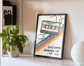 Custom Cassette Tape Print | Retro Music Gift, Song Poster