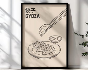 Japanese Food Kitchen Print | Gyoza & Chopsticks Poster | Minimalist Line Art
