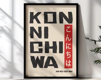 Konnichiwa Japanese Typography Art Print | Modern Japandi Poster | Minimalist Statement Decor