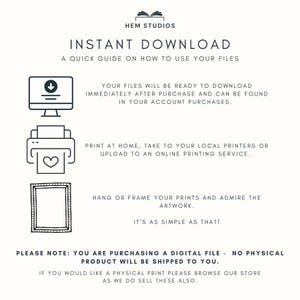 K&ouml;nnte beinhalten: Eine Grafik mit Anweisungen zum Herunterladen und Verwenden digitaler Dateien. Die Grafik enth&auml;lt Symbole f&uuml;r einen Computer, einen Drucker und einen Bilderrahmen. Der Text lautet "Sofort-Download" und "Bitte beachten Sie: Sie kaufen eine digitale Datei - es wird kein physisches Produkt versandt."