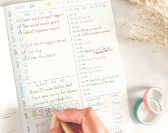 May include: A daily planner page with sections for Need To Do, Plan Of Action, and Want To Do. The page features handwritten tasks in various colored inks, including checkmarks and crossed-out icons. Two rolls of washi tape in pink and teal sit nearby.