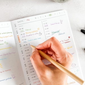 May include: A white daily planner page with black printed hourly time slots from 05:00 to 14:00. The planner features handwritten notes in various coloured inks, including tasks like Wake up, Morning meditation, Breakfast and coffee, and Netball Club.