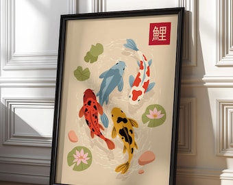 Koi Fish Wall Art | Japanese Zen Illustration Print, Minimalist Asian Decor Poster