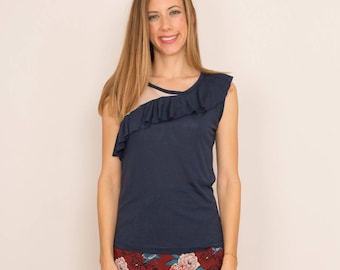 Asymmetrical tank top with a ruffle //  blue night color