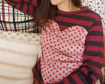 Black and red striped cotton sweater with a giant shiny heart