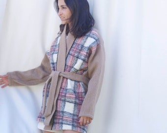 NEW --- Long wool cardigan, checked. Kimono style cardigan.