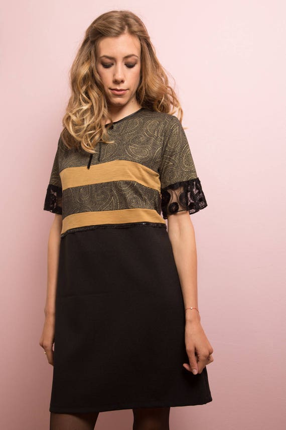 black and gold lace dress with sleeves Satin Collar & Gold Buttons Lace Dress main image 0