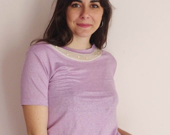 NEW-Lilac linen top embroidered with pearls